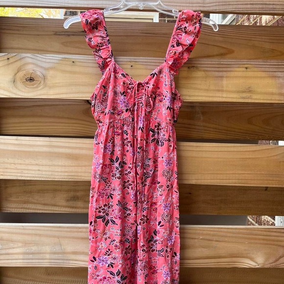 Coral floral print summer dress ruffle straps tie front, elastic waist‎ casual - Picture 1 of 5